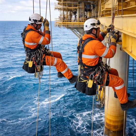 Rope access technicians in orange coveralls and harnesses working on an offshore platform leg above the sea